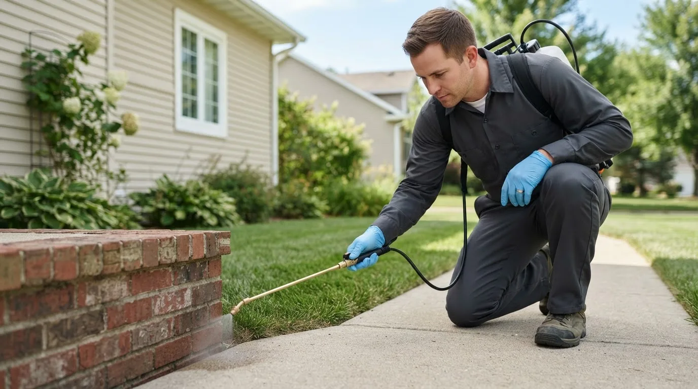 Pest control technician treating a home near Leavittsburg, OH